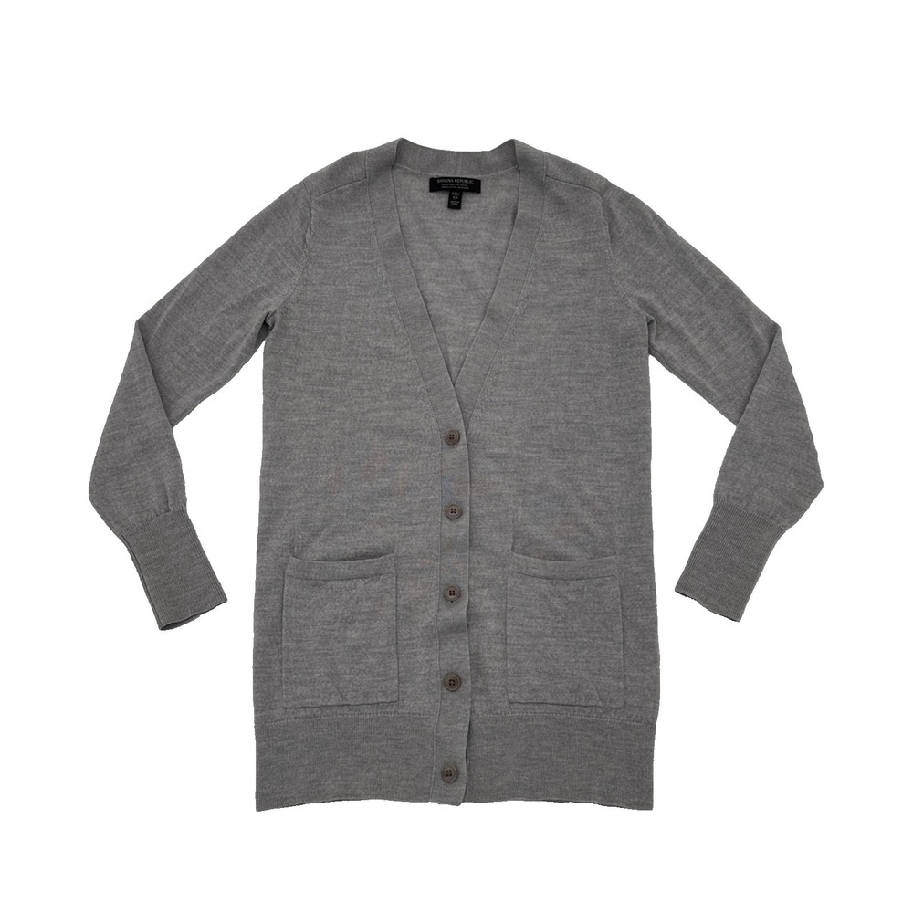 Women's Banana Republic Grey V neck 100% Merino Wool Cardigan, Size XS pockets